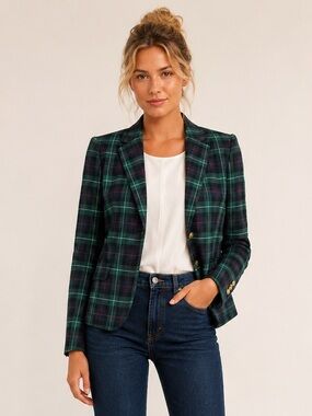 J.Crew Wool Blend Tartan Plaid Gold Button Blazer Green Blue Size 8
